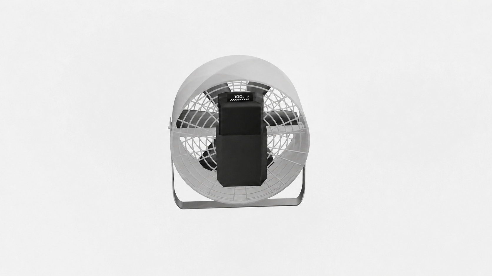 Front view from the PH-PM05 promotional film showing the smart battery docked centrally behind the fan grille with its 100% OLED on the top-facing surface