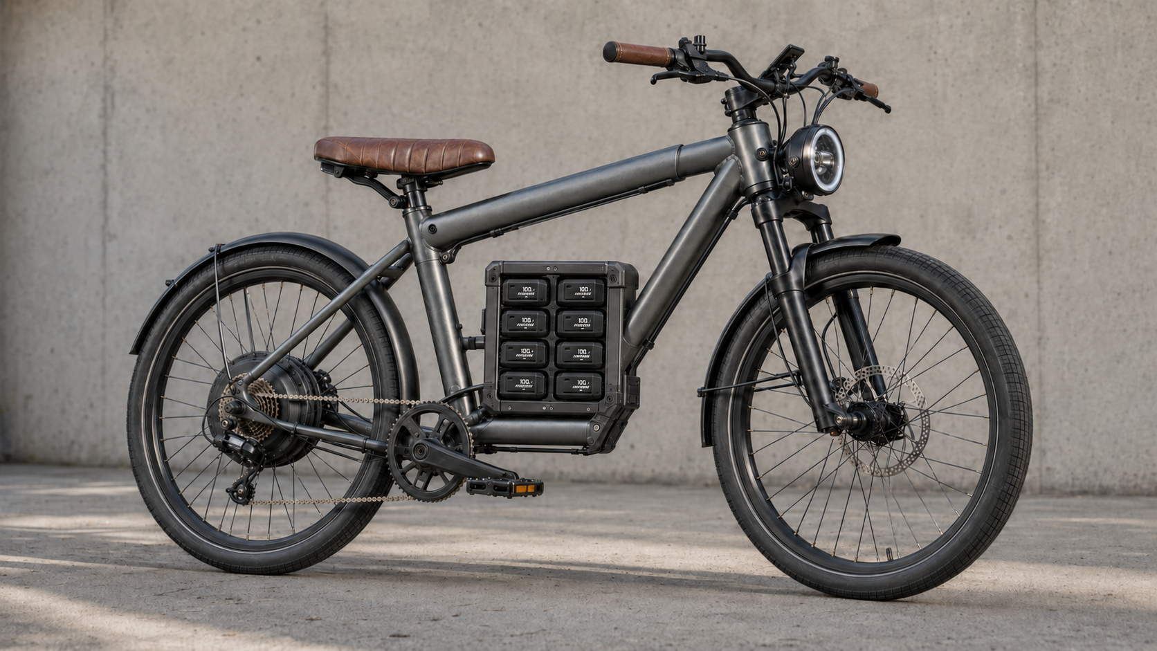 Photorealistic neo-retro electric bicycle with a rear hub motor and eight PH-PM05 packs using power-station-style 100% display front panels