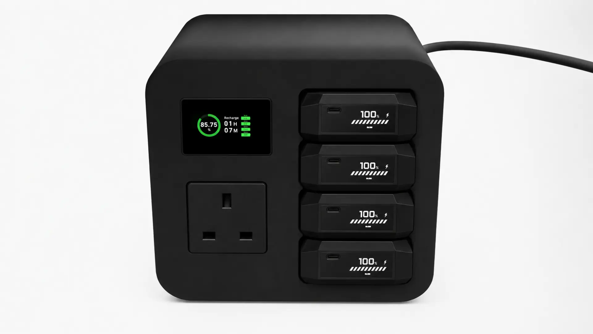 DARC power station with four display-equipped PH-PM05 smart batteries, system status screen, UK Type G outlet and power cable