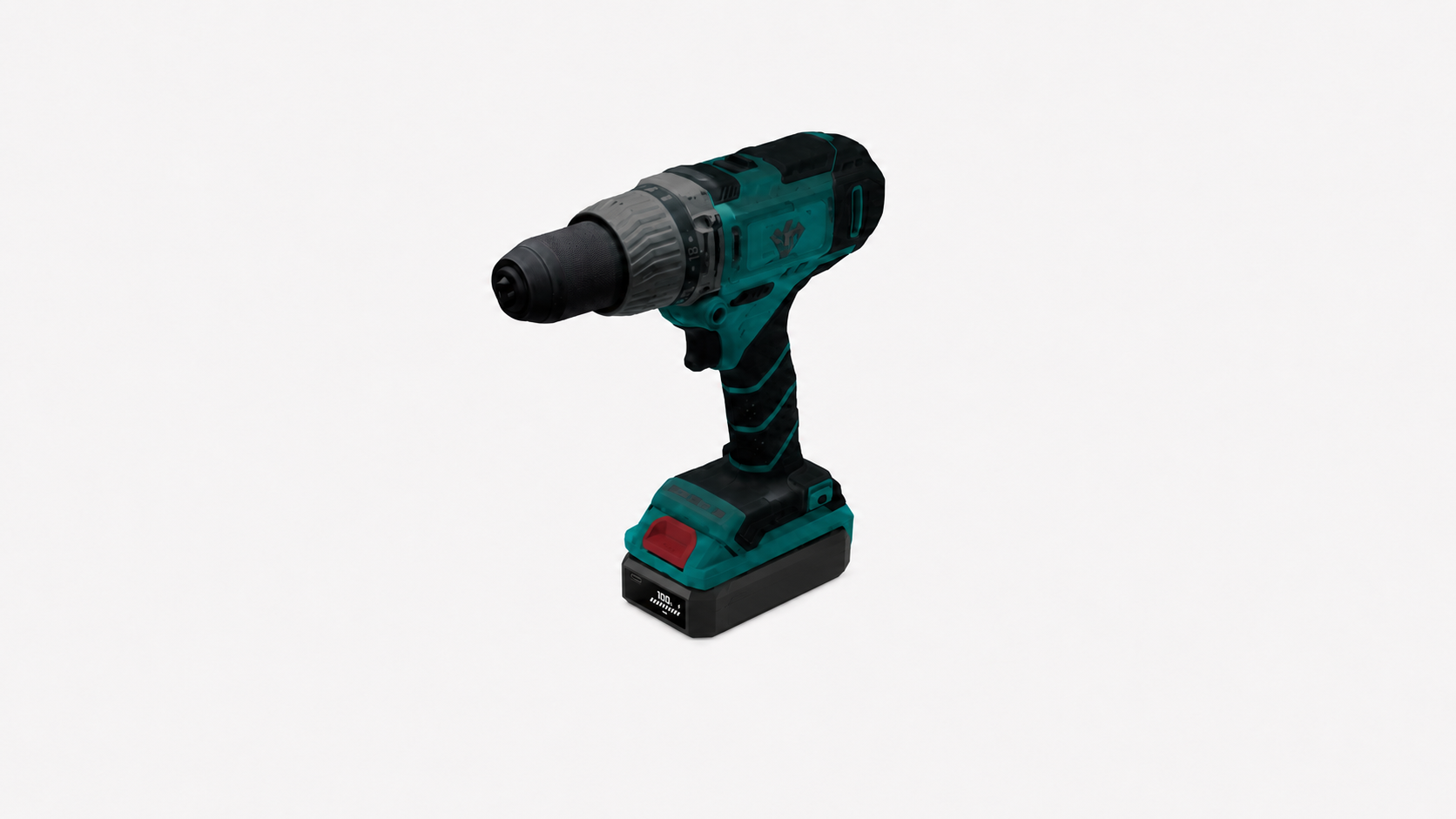 Cordless drill with a docked slim PH-PM05 battery and its 100% OLED on the short front end face